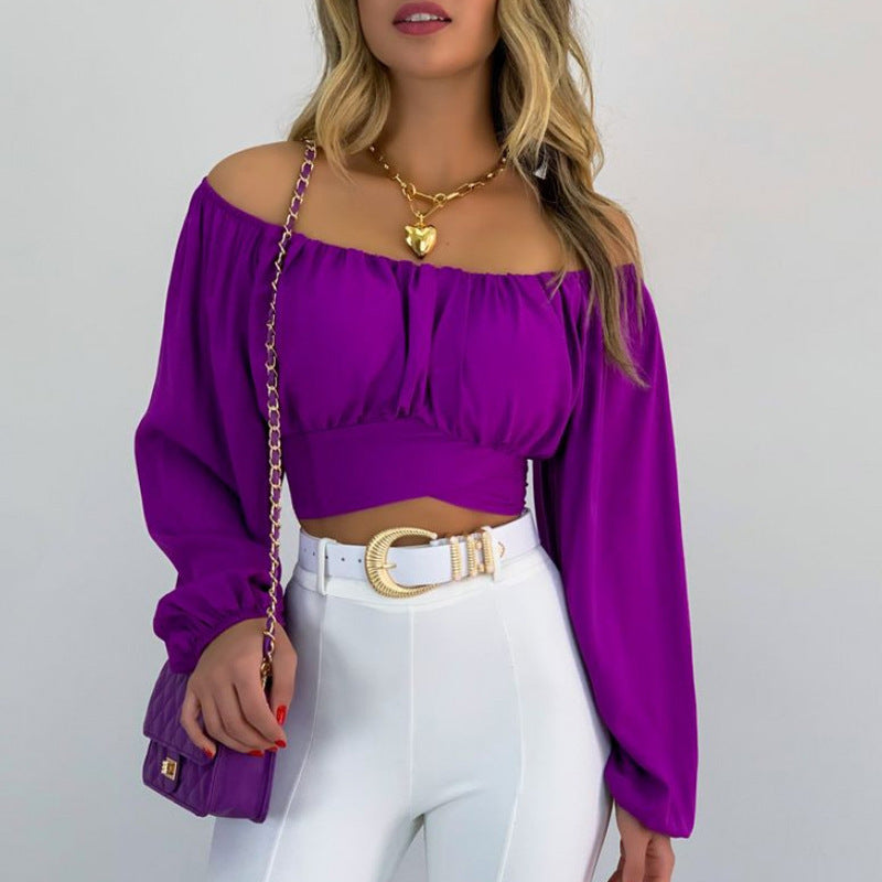 Spot European and American  tops women's solid color open-button lantern sleeves one-word collar sexy lace-up women's bubble sleeve shirt