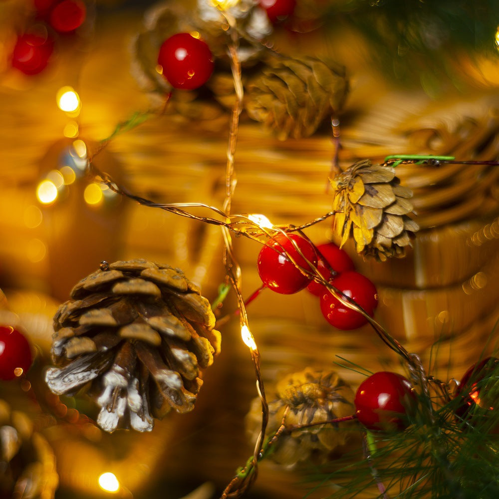 LED Christmas copper wire light pine cone pine needle bell red fruit decorative light string battery box Christmas rattan lights string