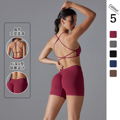 New seamless solid color criss-cross back high-elasticity compression sports bra and leggings set - perfect for running and fitness
