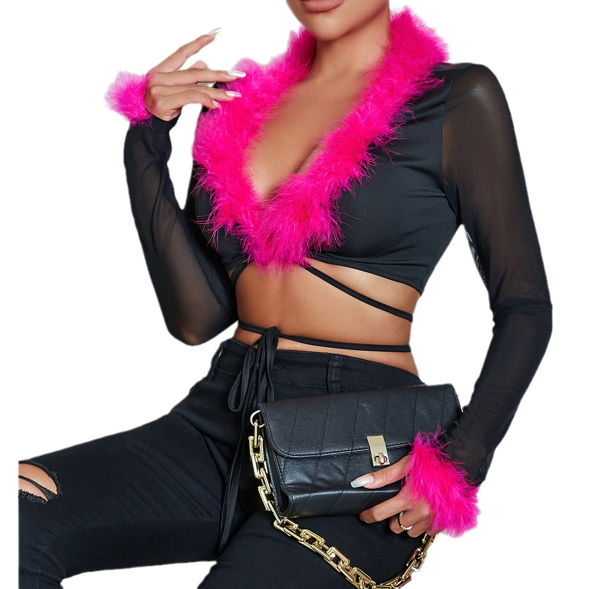 European and American  women's clothing autumn new high-end hairy heart machine strap cardigan sexy V-neck slim top women