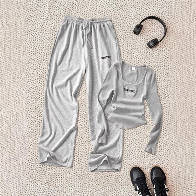 Kids' casual comfort retro english embroidery square neck top + matching straight-leg pants two-piece set