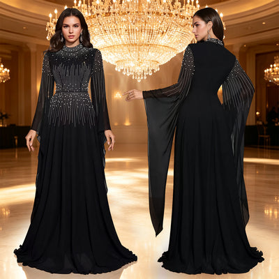 C7818 cross-border new women's rhinestone & beaded flowy flutter sleeve chiffon maxi evening dress
