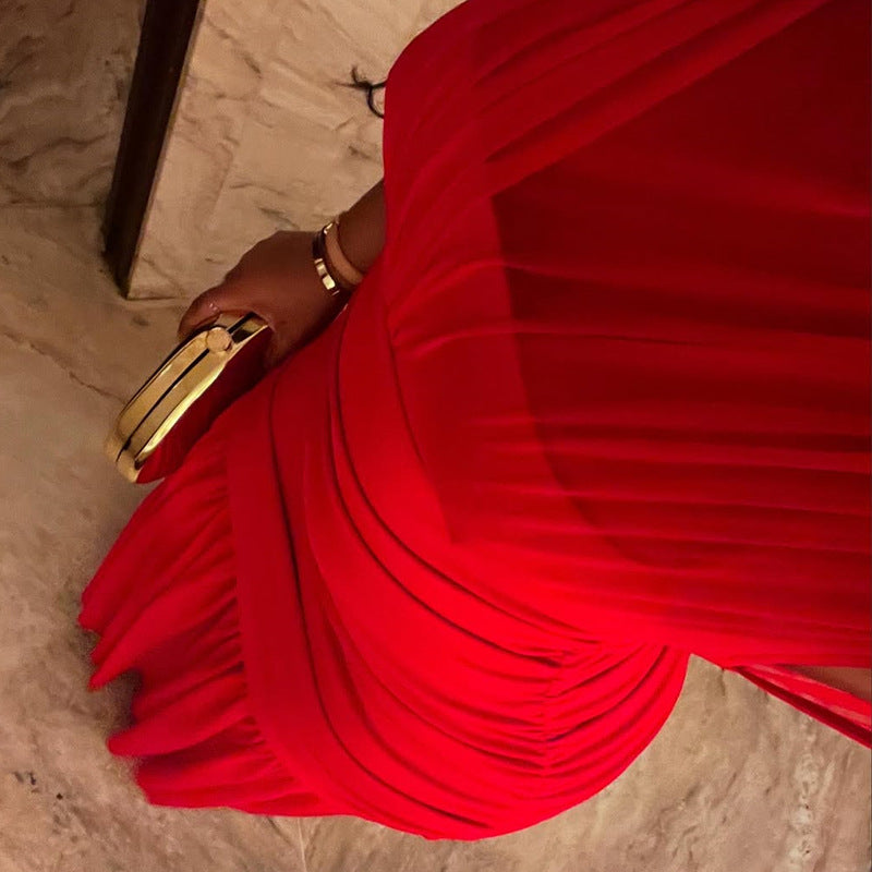 European and American  women's clothing 2025 summer new temperament semi-turtleneck slim and thin splicing long red dress