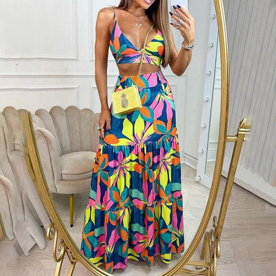 fashionexport women's fashioneleganceelegantwork clothingprintingv neck suspender half length long skirt suit