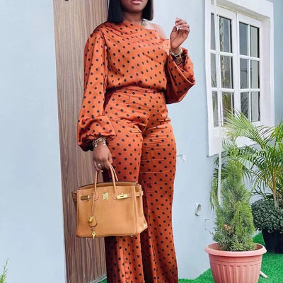 european and american cross-border spring/autumn women's fashion: trendy polka dot print long sleeve pants casual fashion loose one-shoulder style