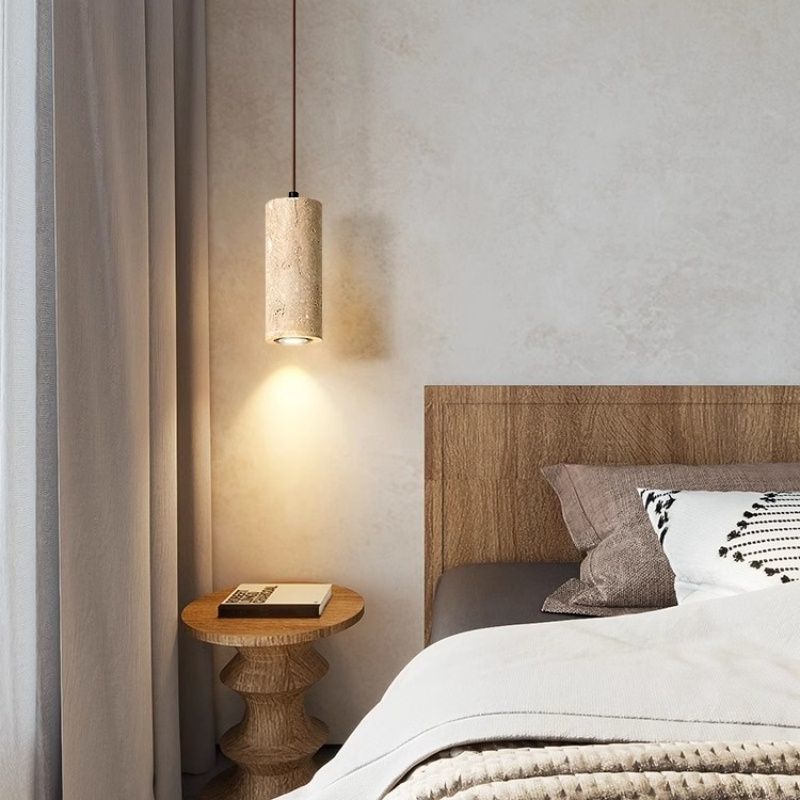 Yellow travertine bedroom bedside chandelier Japanese wabi-sabi retro walnut living room background wall bar hanging line lamp