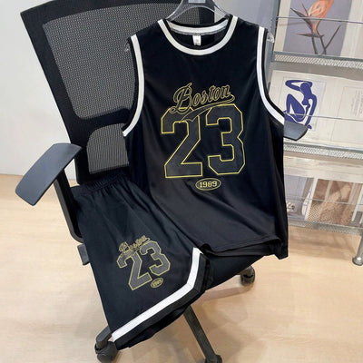 Boys' summer american basketball style sleeveless printed breathable quick-dry mesh tank top + shorts two-piece set