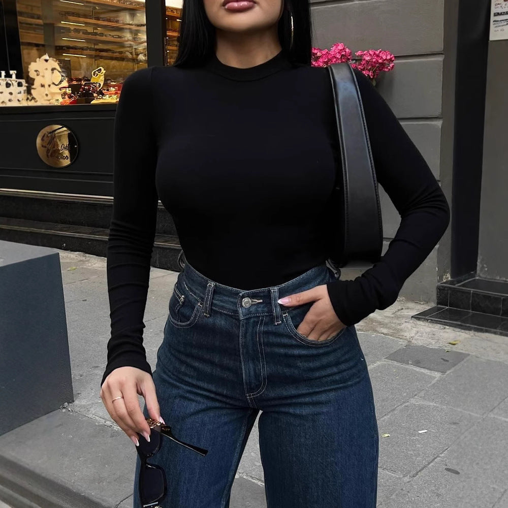 European and American fashion spring and autumn women's clothing long-sleeved semi-turtleneck T-shirt Spice girl tight top slim-fitting women's T-shirt