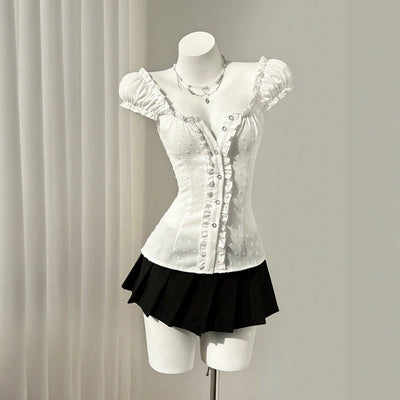 Ready stock 95321# cross-border fashion pure desire sweet summer strappy puff sleeve shirt women's short-sleeved