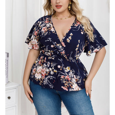 plus size cross-border new arrival women's original elegant v-neck printed blouse