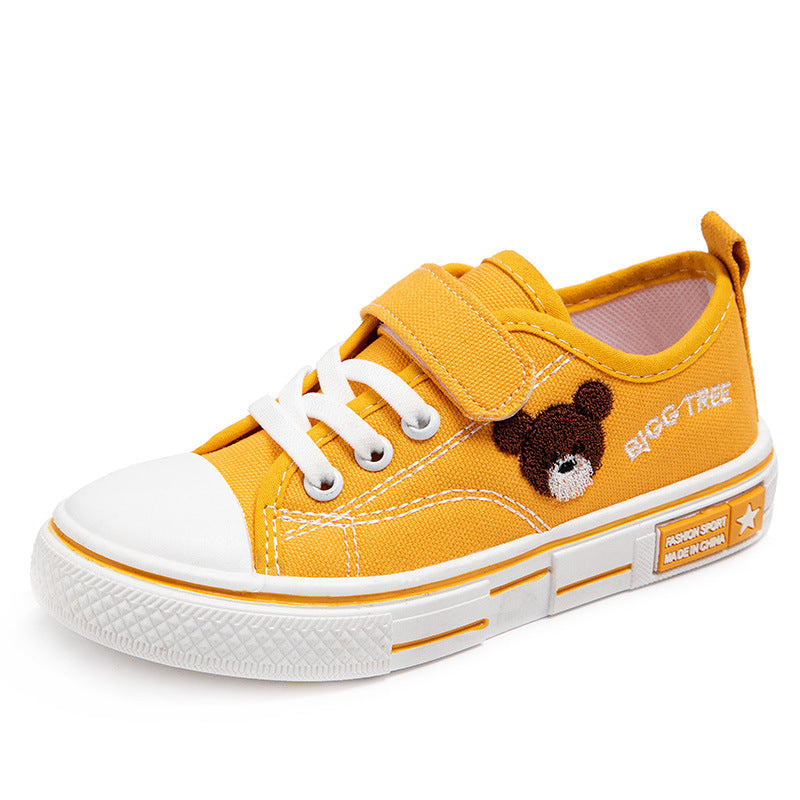 Low-top solid soft-soled baby casual board shoes children's spring new boys and girls breathable cartoon embroidered canvas shoes