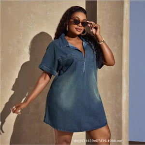 Amazon tiktok pinduoduo foreign trade cross-border fashion plus size denim dress women's loose half open zipper