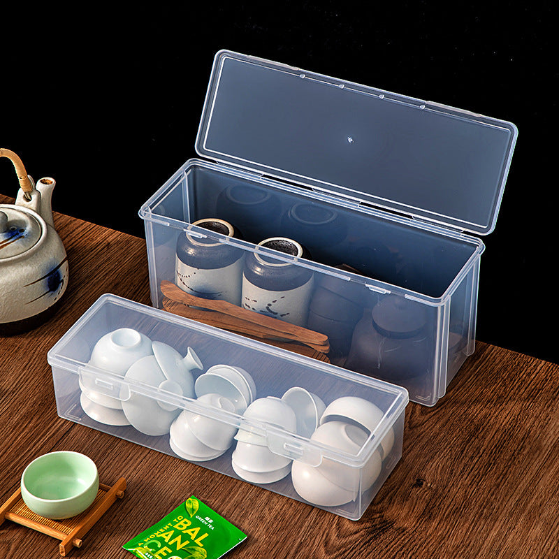 Plastic Kung Fu tea teacup tea set storage box with lid, dustproof and stackable multi-functional transparent desktop storage box