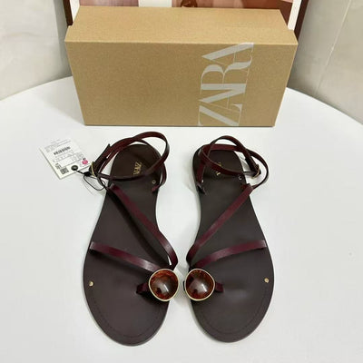 Za women's flat fairy style thin strap sandals 2025 new summer one-strap buckle clip-toe roman sandals