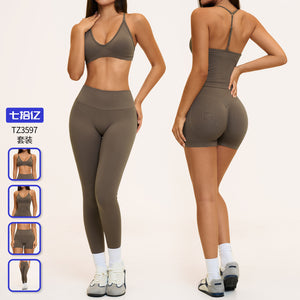 seamless knitting sports suit cross-backless high waist silm fitness running yoga suit women's 3597