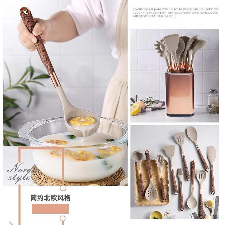 Cross-border spot wholesale wood grain silicone kitchenware set, shovel leak shovel spoon non-stick pan baking barbecue cooking