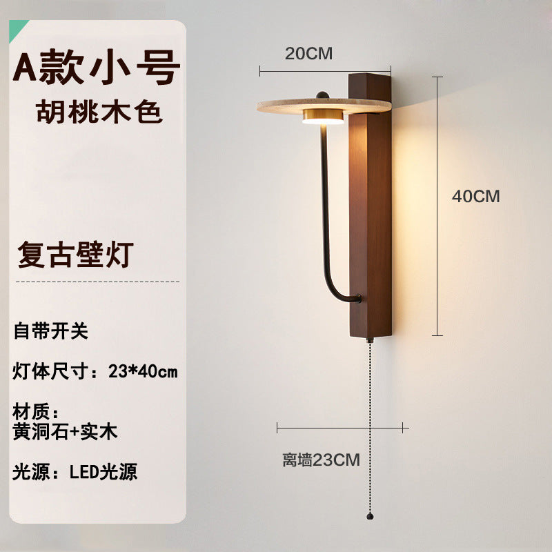 Yellow travertine walnut medieval wall lamp with its own switch, living room high-end homestay stairs, American retro bedside lamp