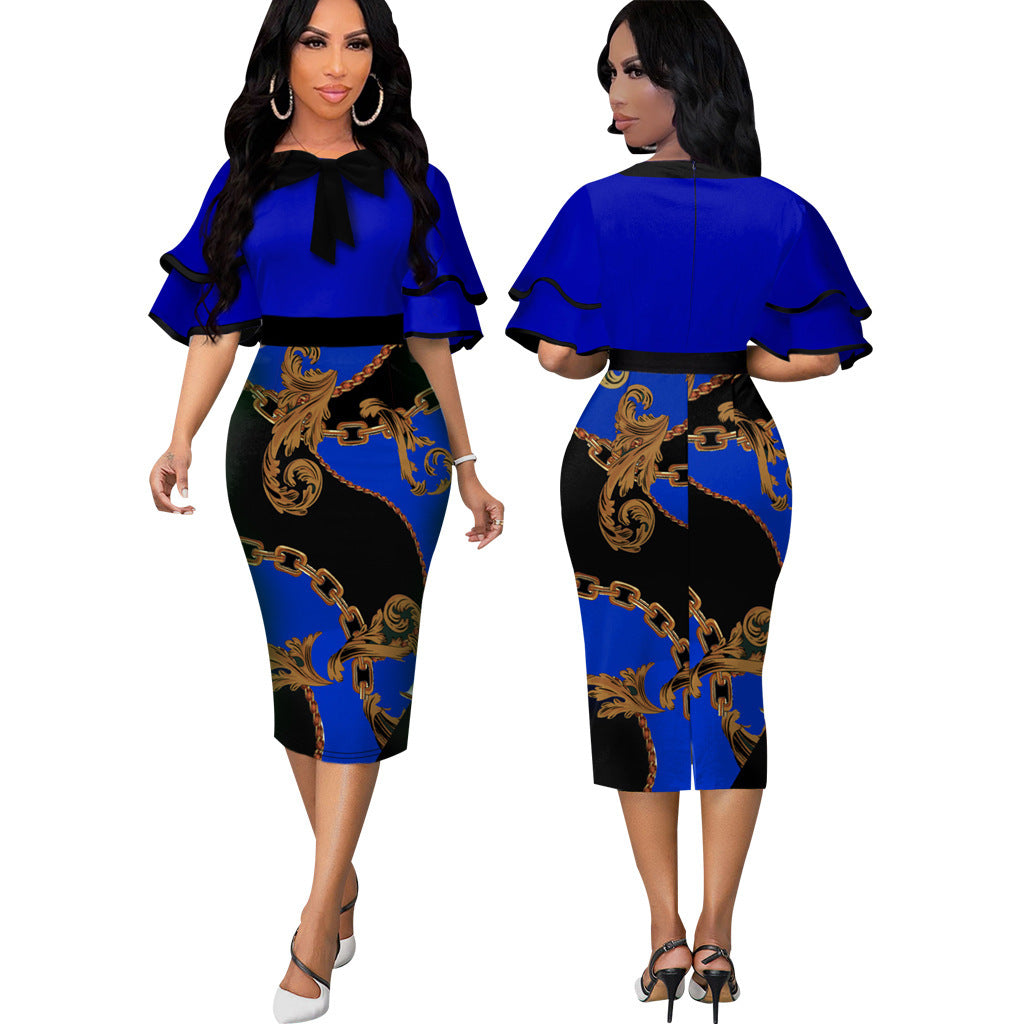 Spring 2022 European and American  new   independent station printed hot diamond round neck dress women