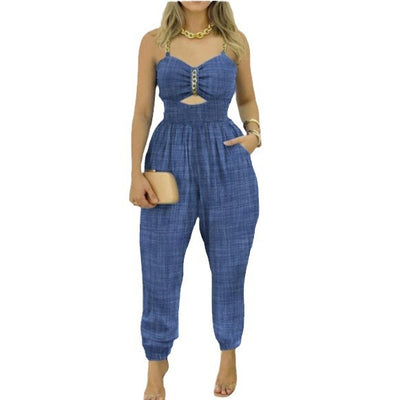 new european and american women's cotton linen chain strap ruched backless bandeau jumpsuit