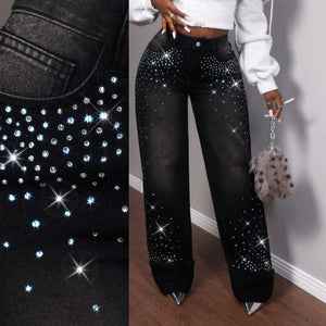 Fashion heavy industry hot diamond black wide leg jeans women's high street bright rhinestone high waist cuffed trousers floor lengthstraight-leg