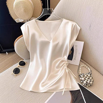 Ready-to-ship solid color satin short-sleeve t-shirt blouse - women's summer lightweight chic v-neck top - slim fit