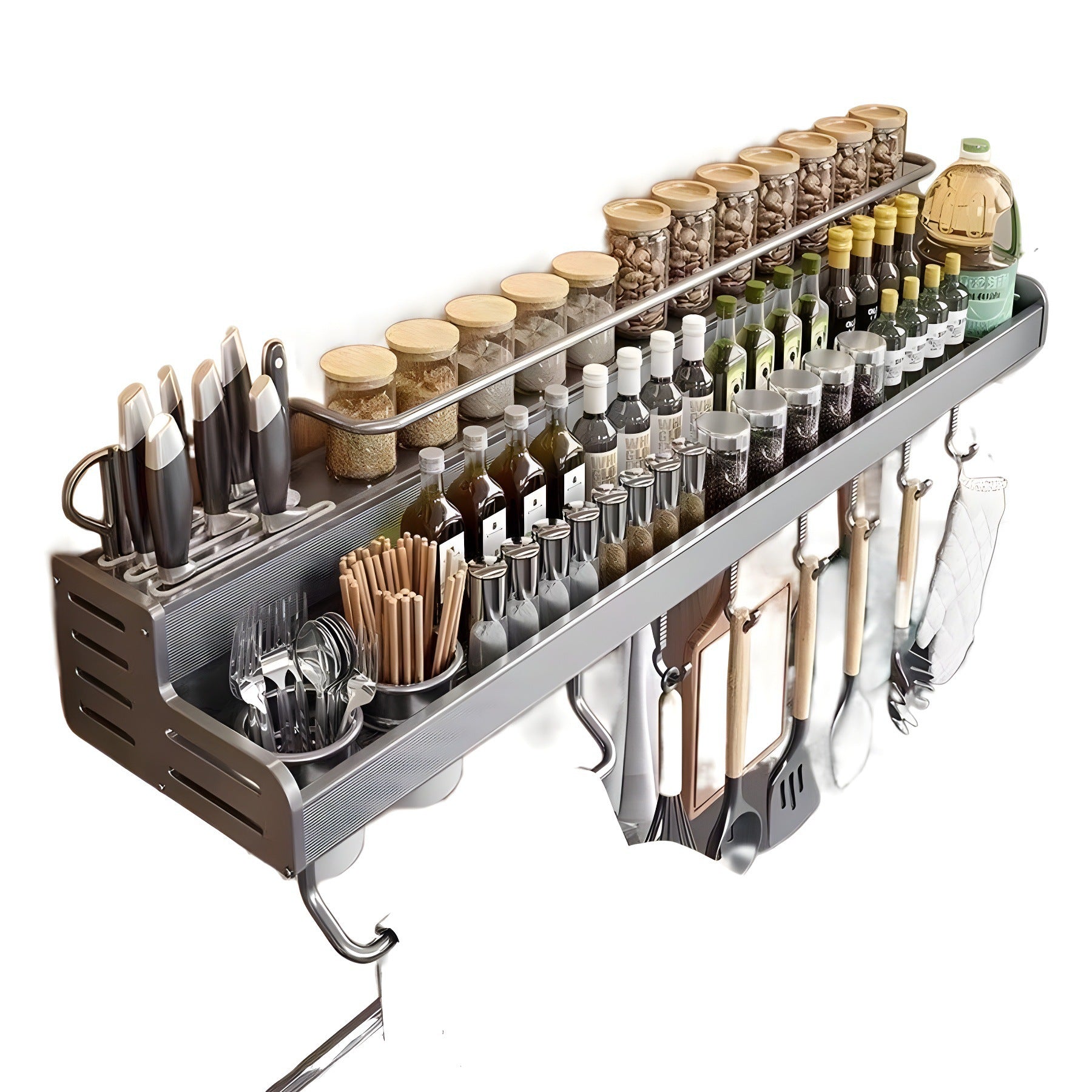 Space Aluminum Wide Kitchen Shelf No Punching Multifunctional Wall Hanging Seasoning Chopsticks Knife Holder Multi-layer Storage Rack