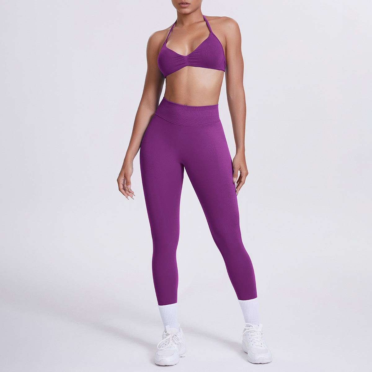 Spot solid color yoga clothes high waist peach hip sports trousers suspenders beautiful back neck bra fitness yoga set