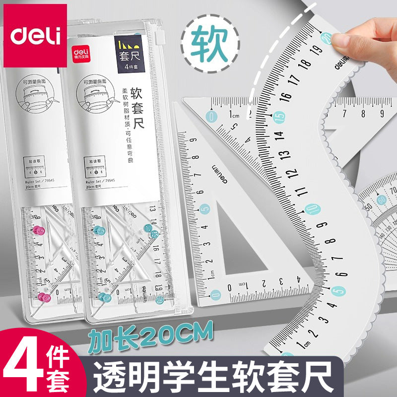 Deli 79545 Student Ruler Soft Ruler 20cm Straight Ruler Protractor Triangle Board Soft Ruler Set Four-piece Set