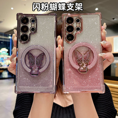 Samsung s25u butterfly glitter stand magnetic phone case, compatible with s26p, four-corner airbag anti-drop a07 protective cover
