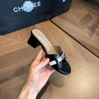 2025 spring/summer premium crocodile-embossed white heeled mules - women's open-toe sandals with small gold buckle and chunky stiletto heel