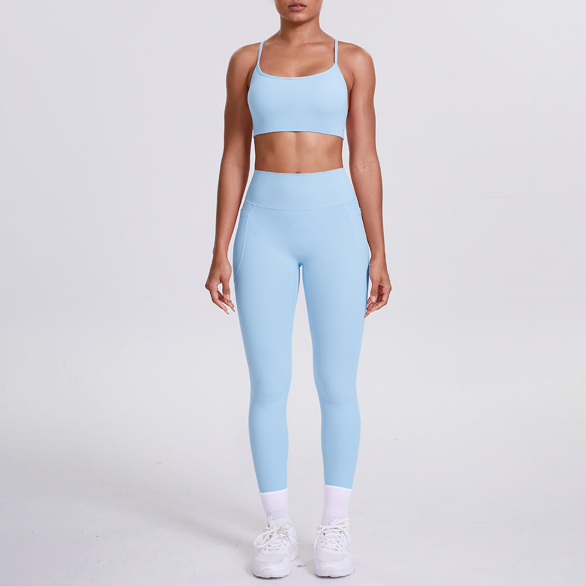 Spot European and American nude sports pocket trousers sexy suspenders sports beautiful back running fitness pants yoga suit set