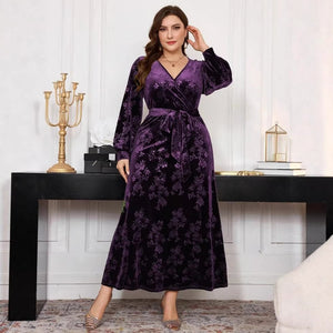 fashioncross-borderplus size women's silm long skirt gold velvet slimming look embossed long sleevesdress