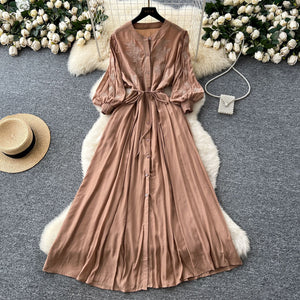 Vintage court style lantern sleeve dress - women's summer crochet embroidery tie-waist elegant long dress