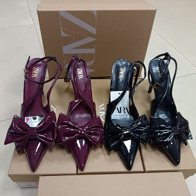 Za2024autumnew arrival red bow decorated high heels women's french pointed toe hollow back mixed strap stiletto sandals