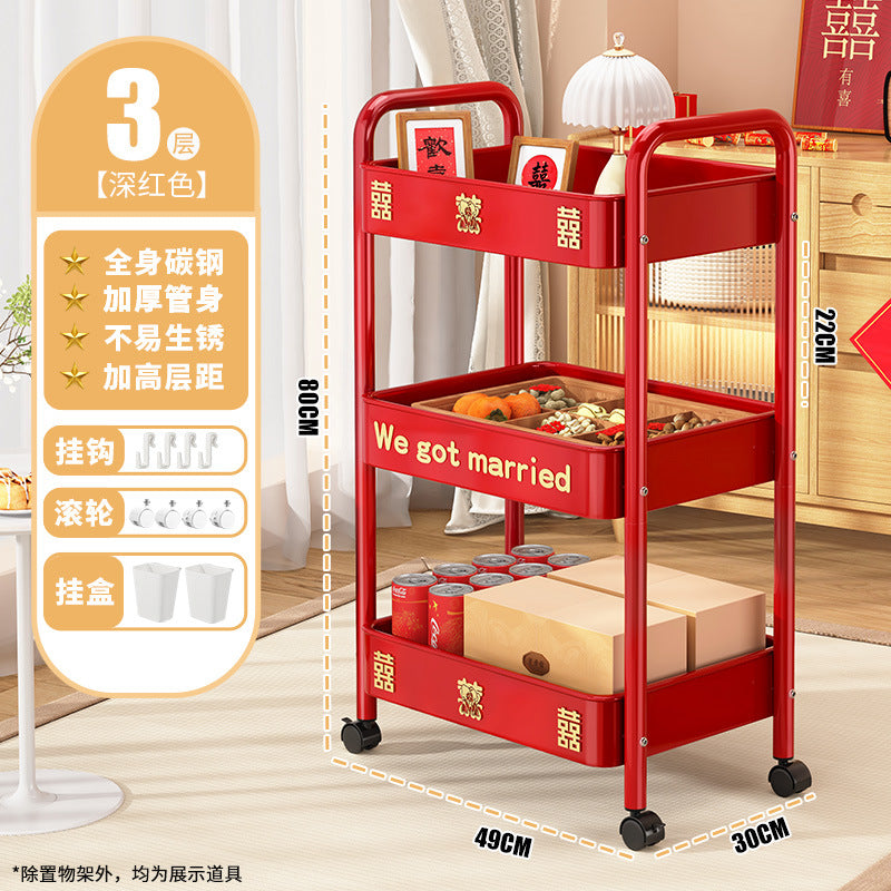 Red trolley rack Wedding household Wedding engagement arrangement Happy New Year's Day Spring Festival Floor storage shelf