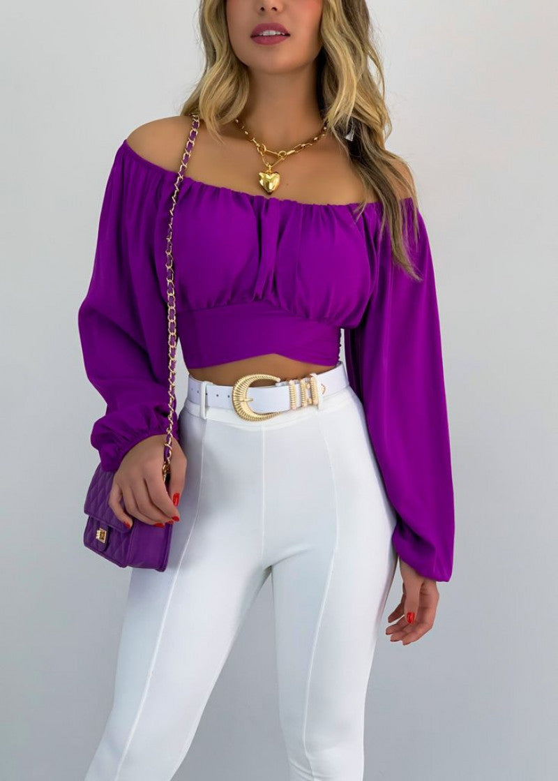 Spot European and American  tops women's solid color open-button lantern sleeves one-word collar sexy lace-up women's bubble sleeve shirt