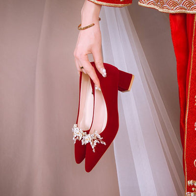 Spring & fall low ankle red pure colorspot viscose shoes thick heel flat heel pointed toe banquet high heels