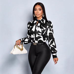 Amazon fashion cross-border export women's printed notch collar shirt casual long sleeve blouse elegant top