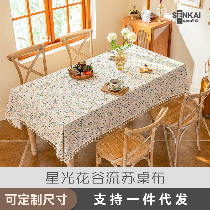 Small fresh tassel waterproof tablecloth imitation cotton and linen fabric printing coffee table cover towel dining table decoration square tablecloth free shipping