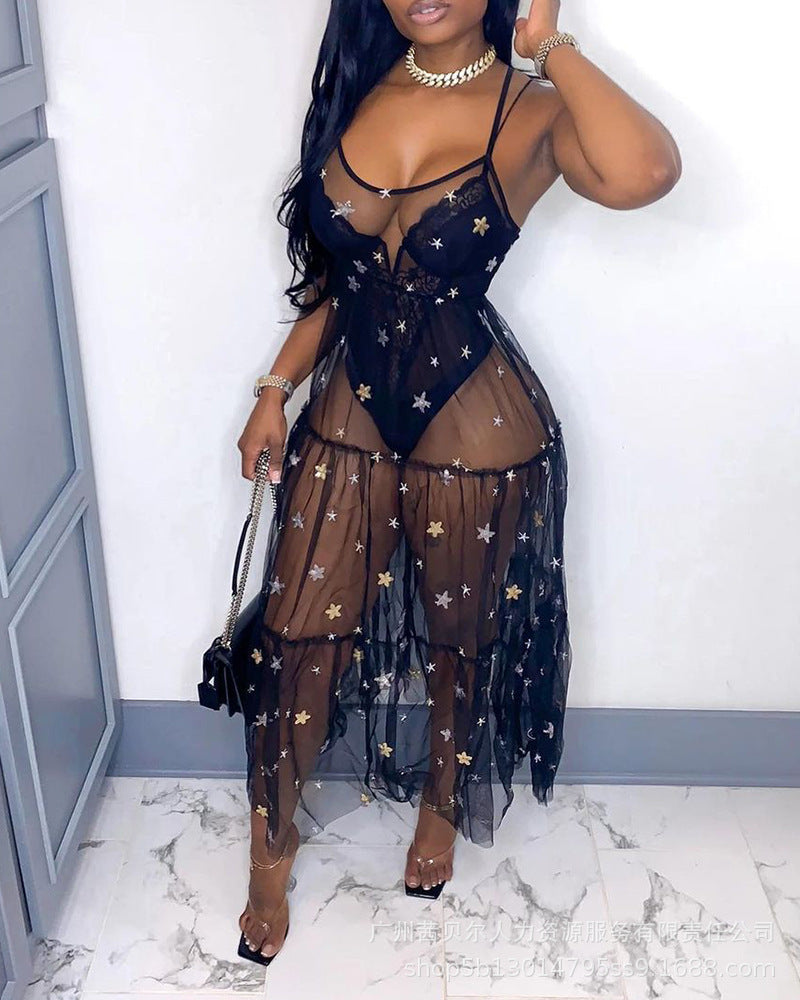 Spot -2022 European and American new suspender sequined mesh pendulum dress