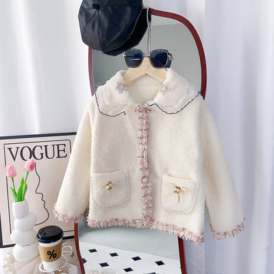 Girls' new winter chanel-style fuzzy coat, princess-style loose fit, stylish casual children's export-quality warm cotton-padded jacket