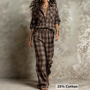 Vintage plaid casual plus size set - notch lapel long sleeve shirt & high waist wide leg pants - women's autumn/winter outfit