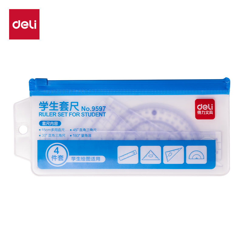 Deli 9597 Ruler Set Student Ruler Straight Ruler Triangle Ruler Protractor 15cm Transparent Blue Drawing Ruler