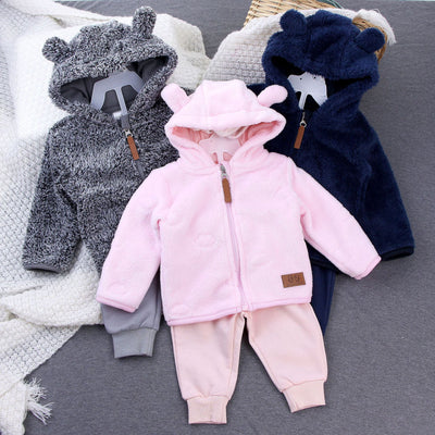 Baby boys' and girls' plush hooded warm zip-up jacket with fleece-lined pants - european and american style children's clothing for toddlers and little girls