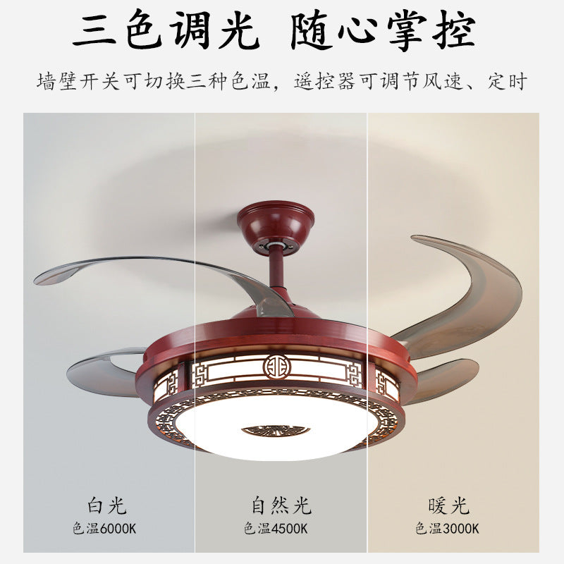 Wood art frequency conversion restaurant invisible ceiling fan light living room lamp solid wood 42 inch 48 Chinese style mahogany Chinese fan light