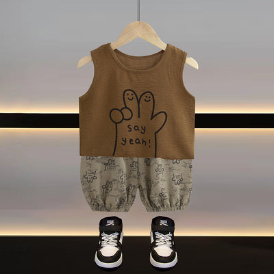Summer baby tank top and shorts set - boys' and girls' lightweight sleeveless summer outfit - boys' 5-point shorts - korean style children's clothing