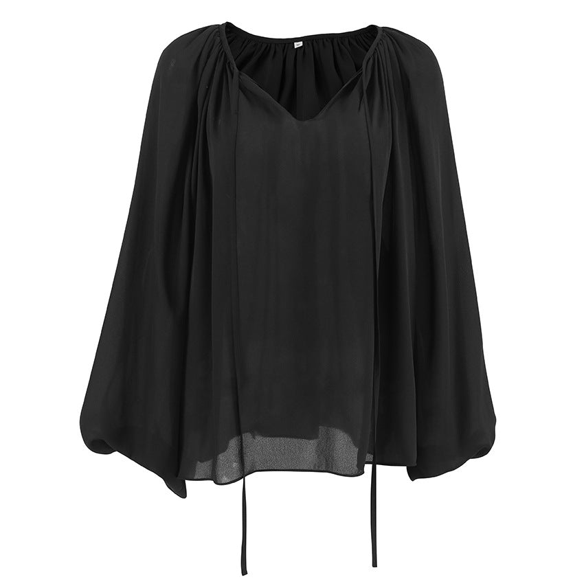 European and American black chiffon top women's clothing 2025 spring  commuting design sense pullover V-neck lantern sleeve shirt