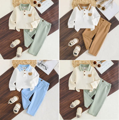 cross-border exclusive: baby & toddler spring/autumn outfit - long-sleeve polo shirt + brown trousers, stylish casual two-piece set