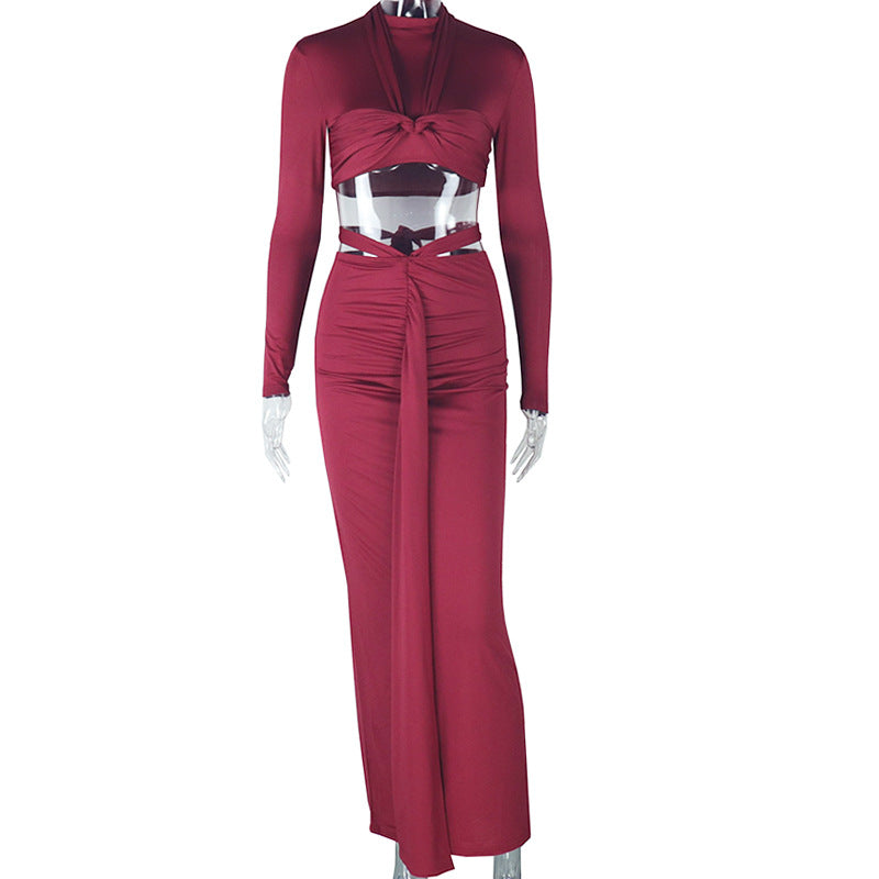 European and American women's clothing solid color fashion sexy skirt set long sleeve long skirt round neck slim wear thin two-piece set