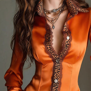 Amazon european goods satin leopard print slit patchwork polo shirt women's summer new long sleeve top